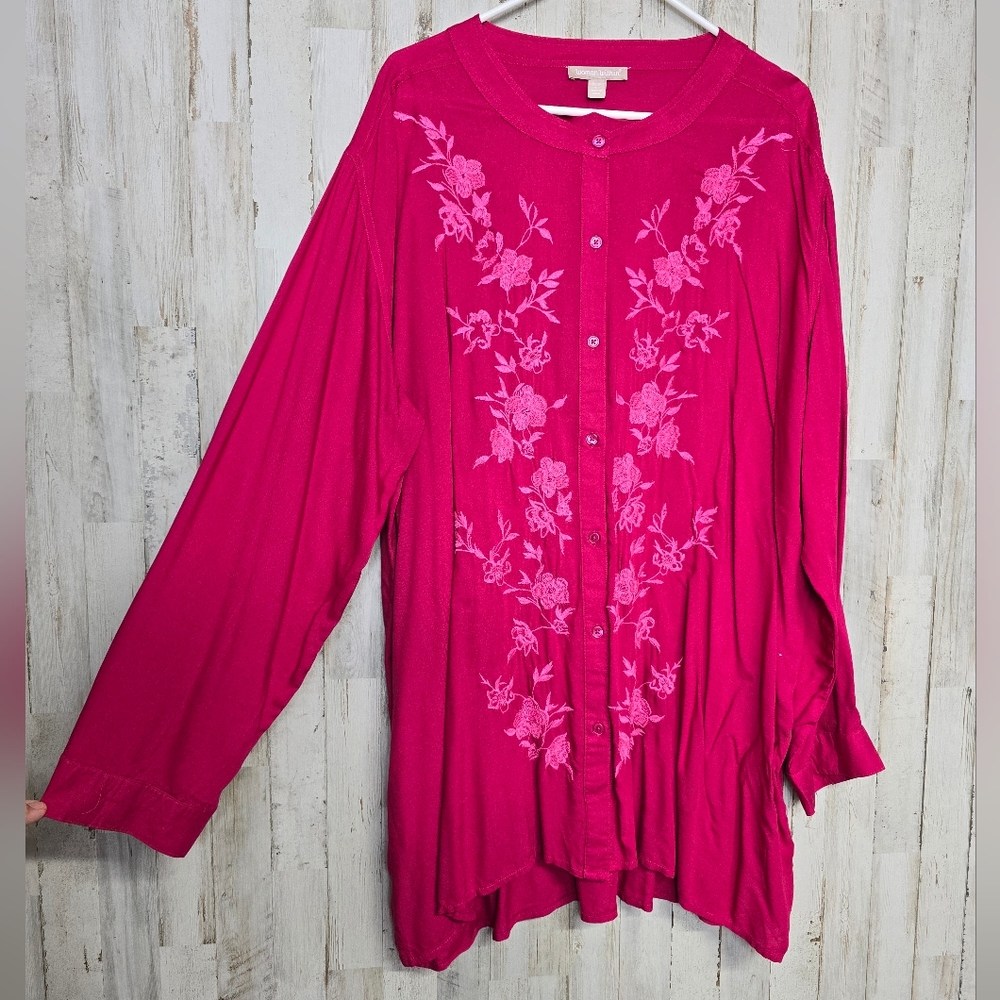 Woman Within 18 20 Tunic Top Pink Embroidered Long Sleeve 2X